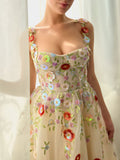 Champagne A Line Embroidery Long Prom Dress With 3D Flowers