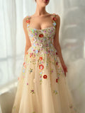 Champagne A Line Embroidery Long Prom Dress With 3D Flowers