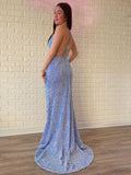 V Neck Backless Glitter Light Blue Long Prom Dress