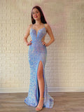 V Neck Backless Glitter Light Blue Long Prom Dress