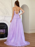 A Line Purple Spaghetti Straps Lace Long Prom Dress