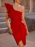 Ruffles White One Shoulder Tight Bandage Midi Dress