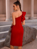 Ruffles White One Shoulder Tight Bandage Midi Dress