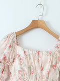 Short Puff Sleeves Cute Pink Aquare Collar Short Graduation Party Dress