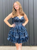 Purple A-Line V Neck Tiered Short Homecoming Dress