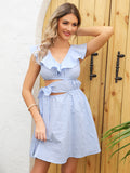 Light Blue A Line V Neck Ruffles Summer Vacation Dress