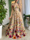 Beige Sweetheart A Line Embroidery Long Prom Dress With 3D Flowers