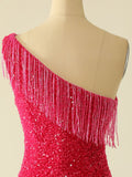 Pink One Shoulder Glitter Tassels Short Homecoming Dress