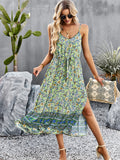 Blue A Line Floral Long Boho Dress With Slit