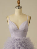 Purple A-Line Deep V Neck Tiered Short Homecoming Dress
