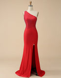 One Shoulder Sequins Red Mermaid Prom Dress