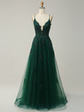 Spaghetti Straps A Line Green Long Prom Dress with Appliques