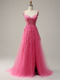 A Line Lilac Straps Lace Long Prom Dress