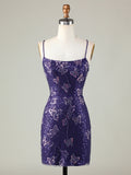 Spaghetti Straps Purple Sequins Short Homecoming Dress
