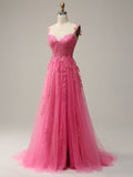 A Line Lilac Straps Lace Long Prom Dress