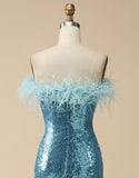 Glitter Sequins Mermaid Strapless Sky Blue Long Prom Dress With Slit