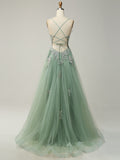 Spaghetti Straps A Line Green Long Prom Dress with Appliques