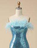 Glitter Sequins Mermaid Strapless Sky Blue Long Prom Dress With Slit