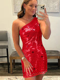 Sequins One Shoulder Black Short Homecoming Dress With Stars