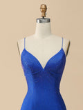 V Neck Blue Glitter Mermaid Backless Prom Dress