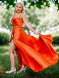 Orange Satin A Line Tight Long Prom Dress With Slit