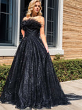 A Line Sequins Strapless Black Long Prom Dress