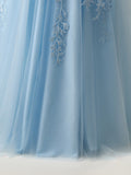 A Line Sky Blue Tulle Long Prom Dress With Appliques