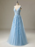 A Line Sky Blue Tulle Long Prom Dress With Appliques