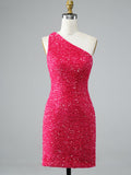 Red Sequins One-Shoulder Bodycon Homecoming Short Dress