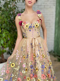 Beige Sweetheart A Line Embroidery Long Prom Dress With 3D Flowers