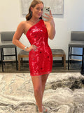 Sequins One Shoulder Black Short Homecoming Dress With Stars