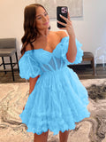 A-Line Blue V Neck Ruffles Short Homecoming Dress