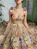 Beige Sweetheart A Line Embroidery Long Prom Dress With 3D Flowers