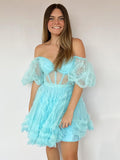 A-Line Blue V Neck Ruffles Short Homecoming Dress