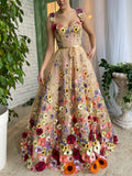 Beige Sweetheart A Line Embroidery Long Prom Dress With 3D Flowers