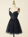 A-Line Navy V Neck Short Party Homecoming Dress With Appliques