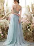A Line Grey Blue Glitter Tulle Long Prom Dress