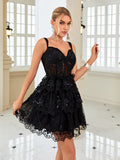 Dark Blue A-Line Sweetheart Neckline Tiered Short Homecoming Dress