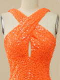 Glitter Mermaid Cross Neck Orange Bodycon Long Prom Dress With Slit