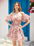 A-Line Pink V Neck Ruffles Floral Homecoming Short Dress