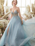 A Line Grey Blue Glitter Tulle Long Prom Dress