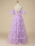Purple A Line Strapless Tulle Long Prom Dress