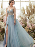 A Line Grey Blue Glitter Tulle Long Prom Dress