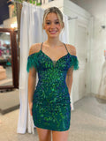 Glitter Dark Green Feather V Neck Short Homecoming Dress