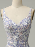 Light Purple Floral V Neck Long Prom Dress With Slit