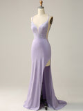 Sparkly Mermaid V Neck Lilac Long Prom Dress With Slit
