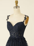 A-Line Navy V Neck Short Party Homecoming Dress With Appliques