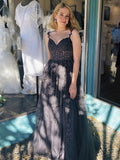A Line Navy Straps Lace Long Prom Dress