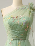 Green A Line One Shoulder Long Prom Dress with Appliques
