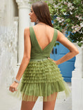 A-Line Deep V Neck Backless Tiered Short Homecoming Dress